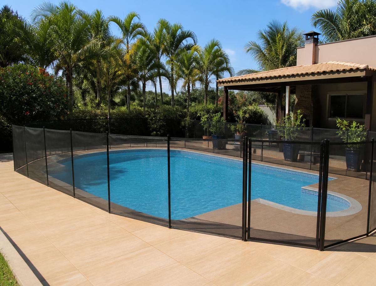 Cerca de tela de proteção instalada em pé ao redor de piscina residencial