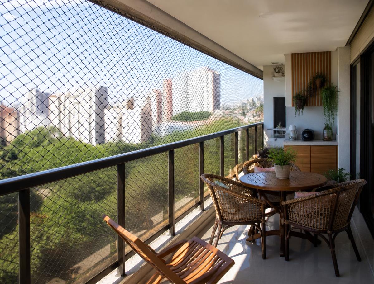 Varanda de apartamento com rede de proteção instalada do guarda-corpo até a laje superior